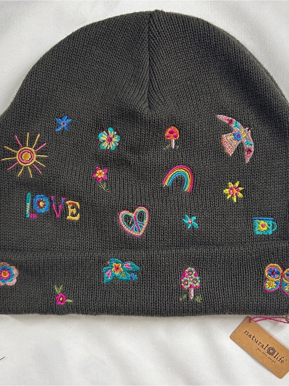 NWT Natural Life Charcoal Doodle Embroidered Beanie Boho